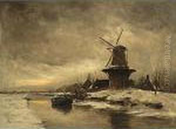 A View Of A Winter Landscape With Windmill Oil Painting by David Adolf Constant Artz