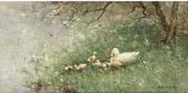 A Duck With Ducklings On The Banks Of A Pond by David Adolf Constant Artz