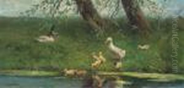 Ducks And Ducklings On A River Bank by David Adolf Constant Artz