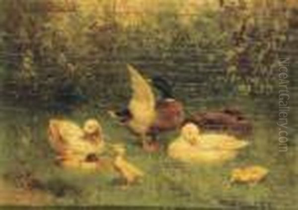 A Duck Family Oil Painting by David Adolf Constant Artz