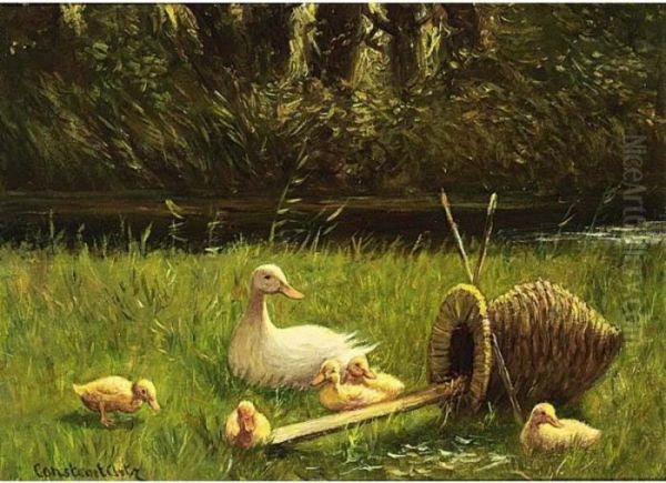 Duck With Ducklings Near The Waterside Oil Painting by David Adolf Constant Artz