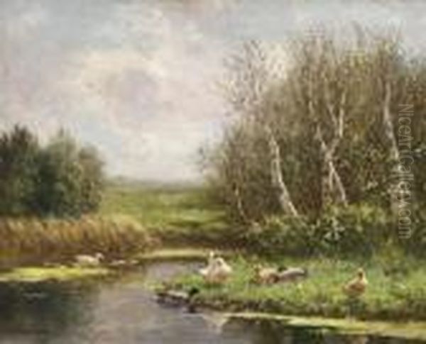 Ducks On A Riverbank Oil Painting by David Adolf Constant Artz