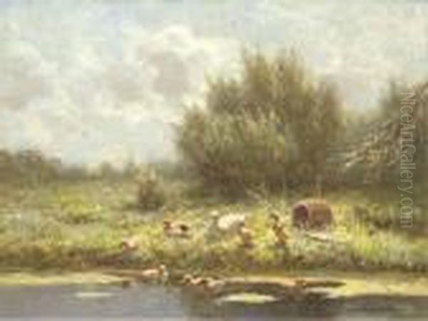 Ducks And Ducklings Along The Waterside Oil Painting by David Adolf Constant Artz