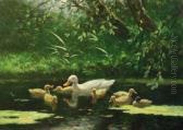 A Duck And Ducklings Going For A Swim Oil Painting by David Adolf Constant Artz