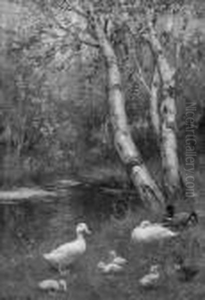 Ducks And Ducklings On A Riverbank Oil Painting by David Adolf Constant Artz