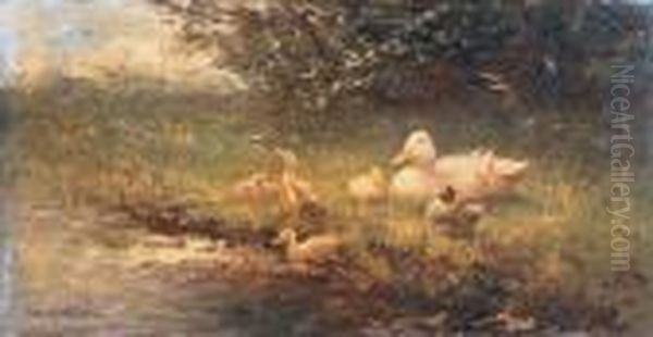 A Duck With Her Ducklings Oil Painting by David Adolf Constant Artz