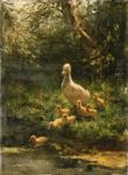 A Duck With Her Duckilings Crossing The Stream Oil Painting by David Adolf Constant Artz