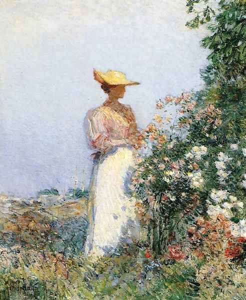 Lady in Flower Garden Oil Painting by Frederick Childe Hassam