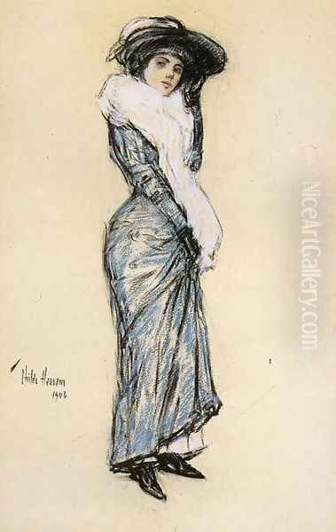 Portrait of a Lady in Blue Dress Oil Painting by Frederick Childe Hassam