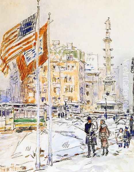 Flags, Columbus Circle Oil Painting by Frederick Childe Hassam