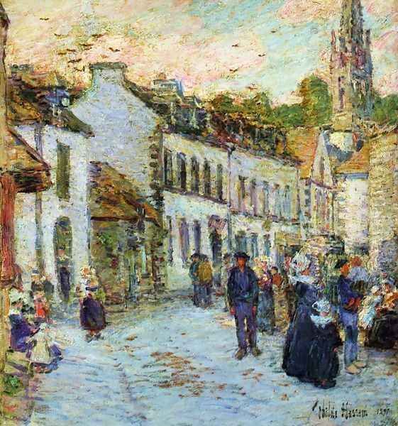 Street in Pont Aven - Evening Oil Painting by Frederick Childe Hassam