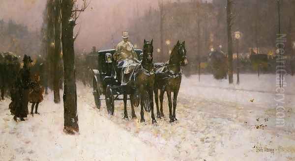 Street Scene with Hansom Cab Oil Painting by Frederick Childe Hassam