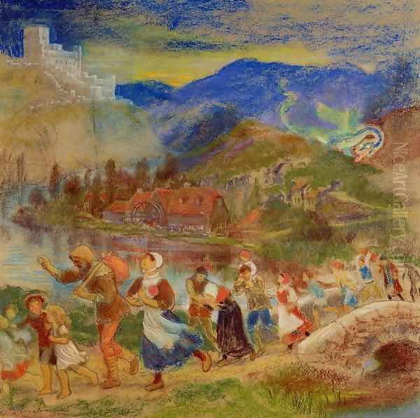 Villagers fleeing from a dragon Oil Painting by Arthur Hughes