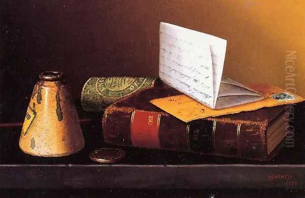 Still Life with Ink Bottle, Book and Letter Oil Painting by William Michael Harnett