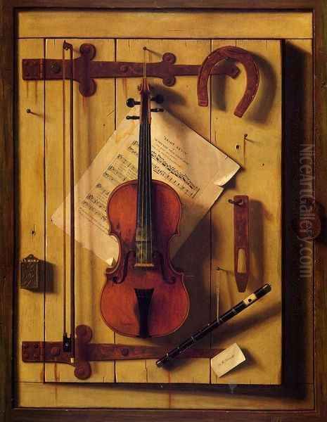 Still Life - Violin and Music (or Music and Good Luck) Oil Painting by William Michael Harnett