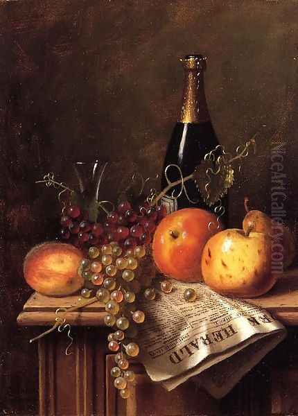 Still Life with Fruit, Champagne Bottle and Newspaper Oil Painting by William Michael Harnett