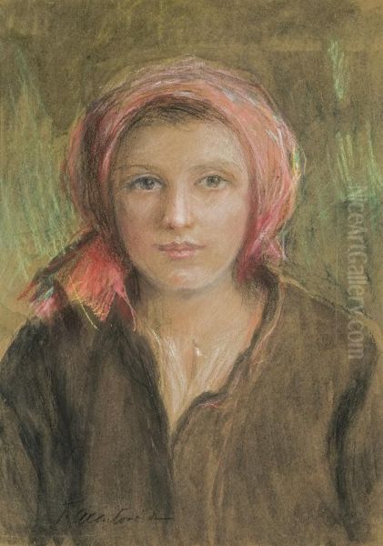 Girl In Red Scarf Oil Painting by Teodor Axentowicz