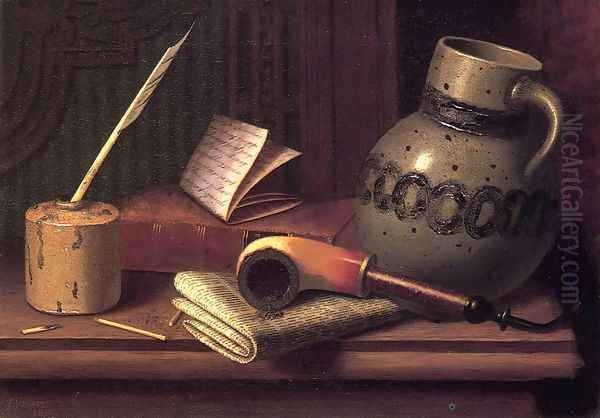 Still Life with Inkwell, Book, Pipe and Stoneware Jug Oil Painting by William Michael Harnett