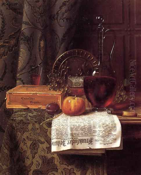 Still Life with Decanter and Frankfurter Zeitung Oil Painting by William Michael Harnett