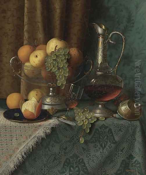 Still Life with Fruit and Wine Oil Painting by William Michael Harnett