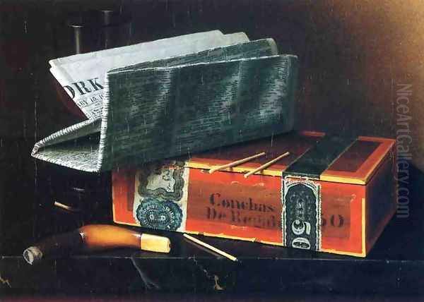 Still Life with Cigar, Pipe, New York Herald and Wiine Glass Oil Painting by William Michael Harnett