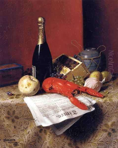 Still Life with Lobster, Fruit, Champagne and Newspaper Oil Painting by William Michael Harnett