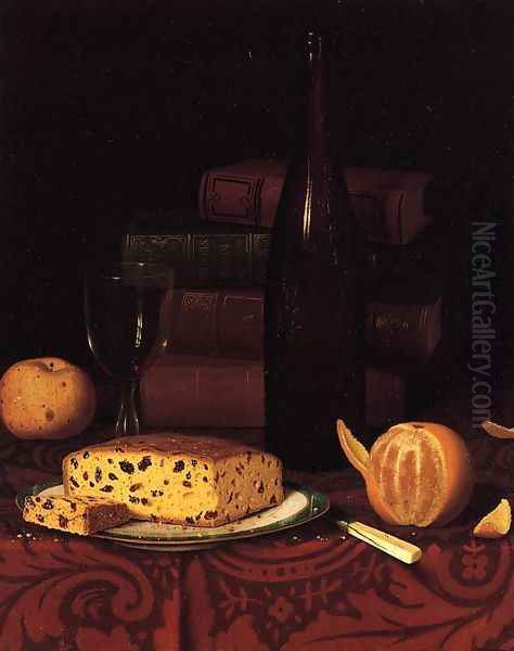 Still Life with Raisin Cake, Fruit and Wine Oil Painting by William Michael Harnett