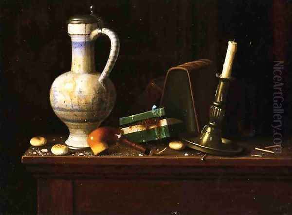 Still Life with Blue and White Pitcher, Tobacco Case and Pipe Oil Painting by William Michael Harnett