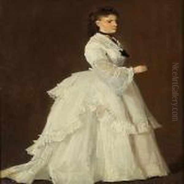 An Elegant Lady In A White Dress Oil Painting by Otto Bache