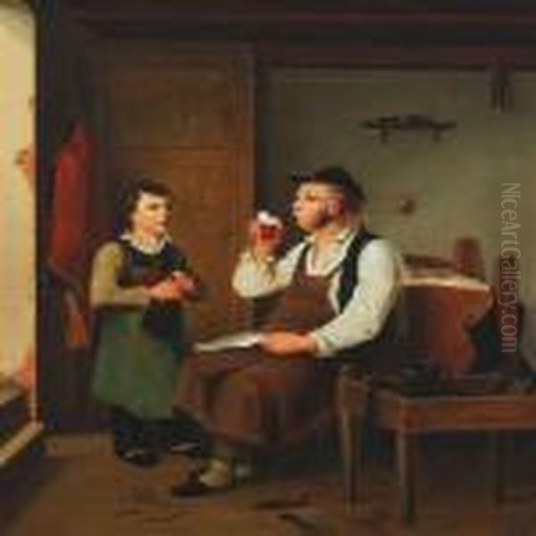 The Young Apprentice Pours Beer For His Teacher Oil Painting by Otto Bache