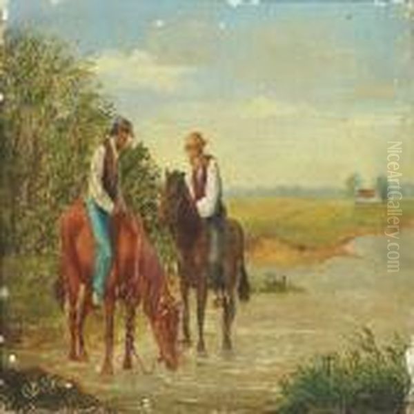 Two Men On Horseback Talking Oil Painting by Otto Bache