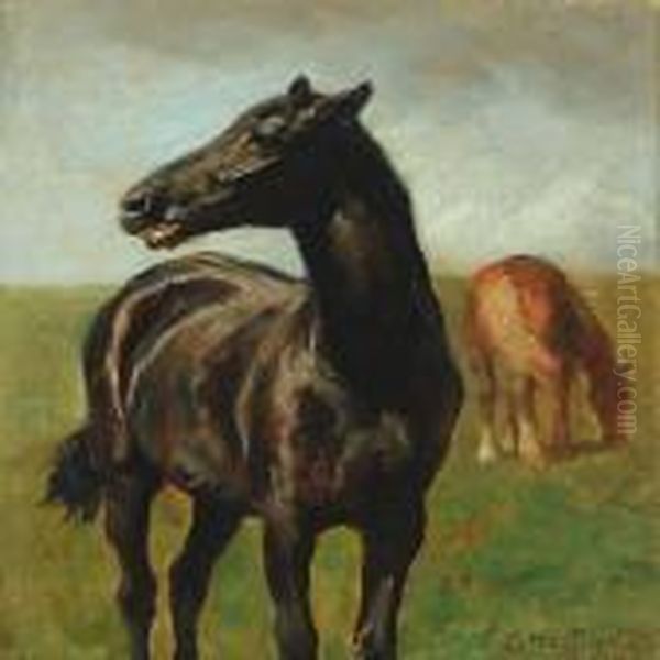 Horses In The Field Oil Painting by Otto Bache