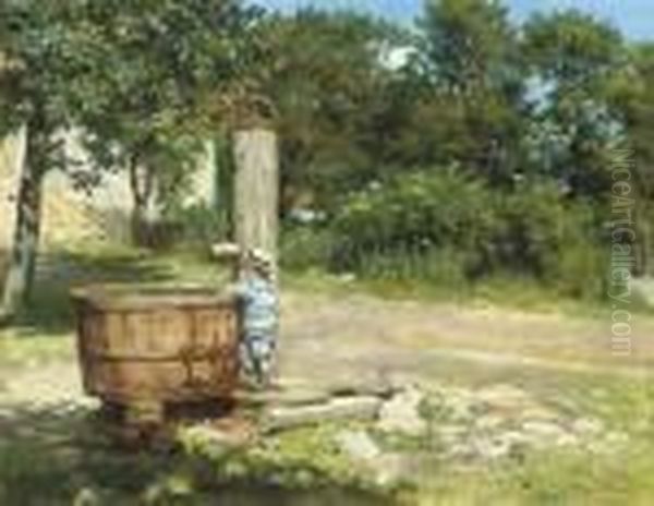 A Child Playing At A Water Pump Oil Painting by Otto Bache