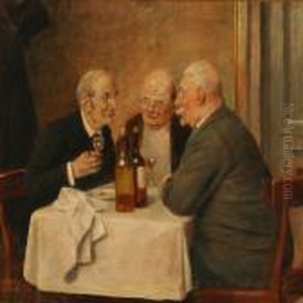 Three Gentlemen Enjoying A Glass Of Wine Oil Painting by Otto Bache