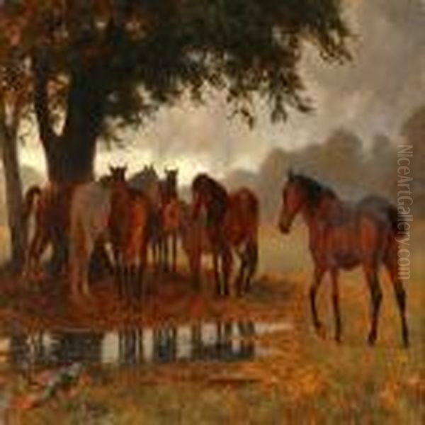 Horses Seek Shelter Under A Tree Oil Painting by Otto Bache