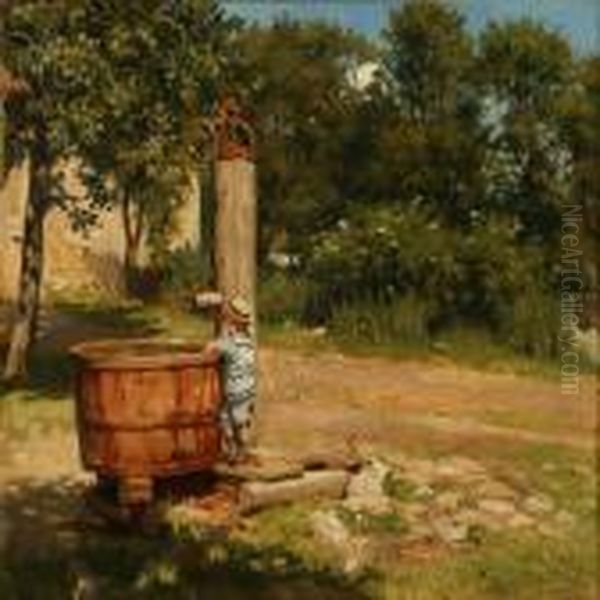 Summer Day With A Littleboy At A Pump Oil Painting by Otto Bache