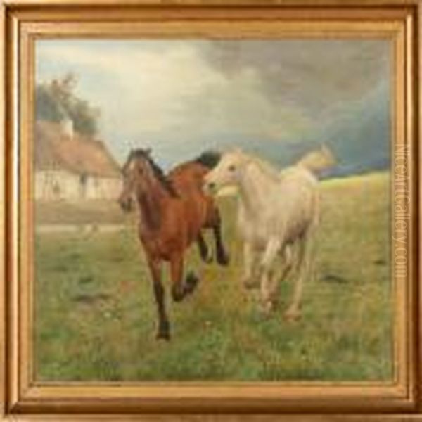 Two Horses In Gallop Oil Painting by Otto Bache