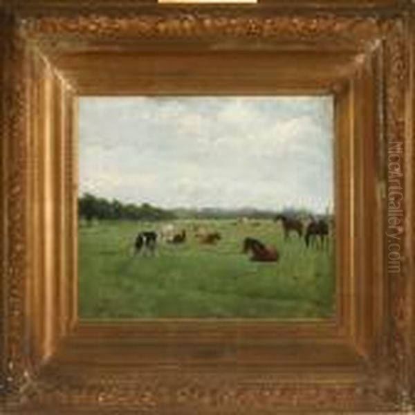 Grazing Cows And Horsesnear Copenhagen Oil Painting by Otto Bache