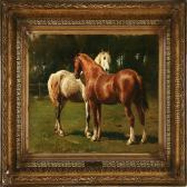 Two Horses In An Enclosure Oil Painting by Otto Bache