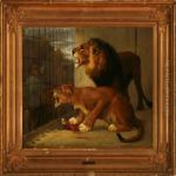 Two Lions In A Cage Oil Painting by Otto Bache