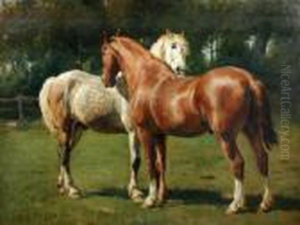 A Grey And A Chestnut Hunter Grooming In High Summer Oil Painting by Otto Bache