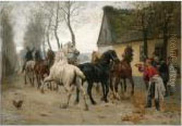 Et Kobbel Heste Udenfor Lindenborg Kro (the Lindenborg Hunt) Oil Painting by Otto Bache