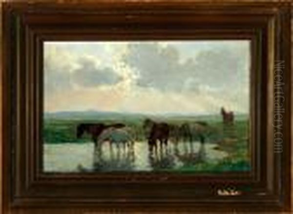 A Herd Of Horses Are Drinking At A Small Pond Oil Painting by Otto Bache