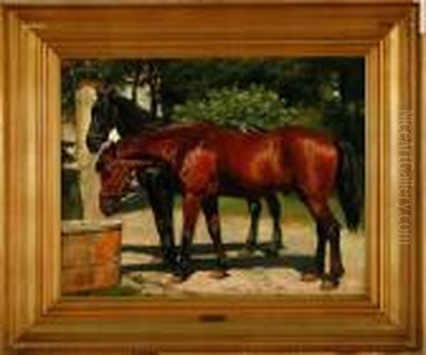 Two Horses Are Drinking Water By A Pump Oil Painting by Otto Bache