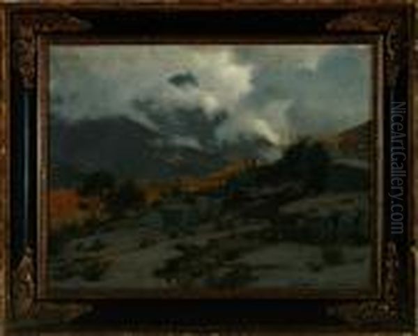 South Italian Landscape With An Active Volcano Oil Painting by Otto Bache