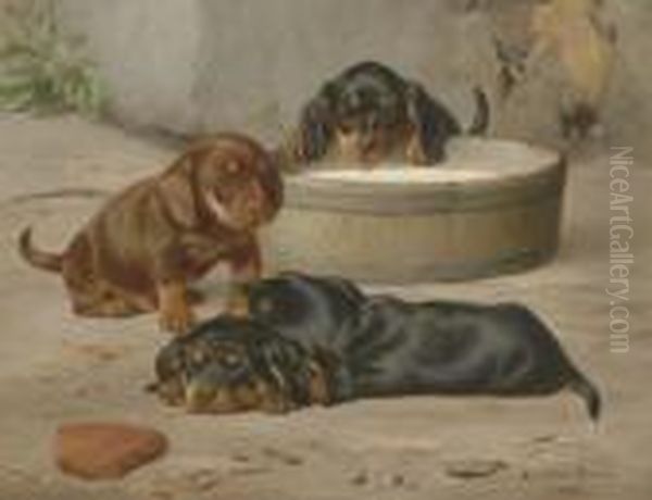 Dachshund Puppies Oil Painting by Otto Bache