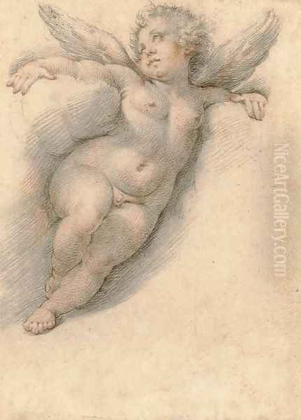 A putto leaning on clouds, after Raphael Oil Painting by Joseph The Elder Heintz