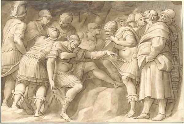 The wounded Scipio the Elder carried by his soldiers, after Polidoro da Caravaggio Oil Painting by Joseph The Elder Heintz