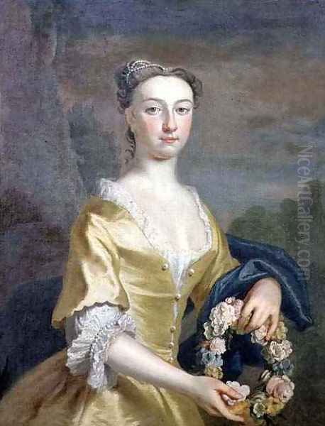 Portrait of a Lady holding a Floral Wreath Oil Painting by Joseph Highmore