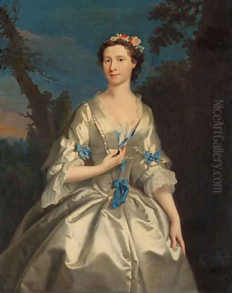 Portrait of the Duchess of Argyll, three-quarter-length, in an oyster satin dress trimmed with blue ribbons, in a wooded landscape Oil Painting by Joseph Highmore